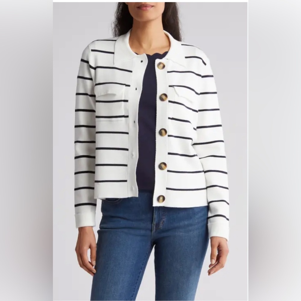 Tahari Women's black and White Striped button up Cardigan